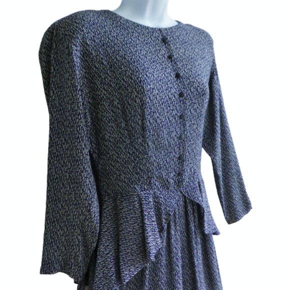Vintage Secretary Pinup Dress Midi Navy White Geo Peplum Back Zipper USA SP - Picture 2 of 8